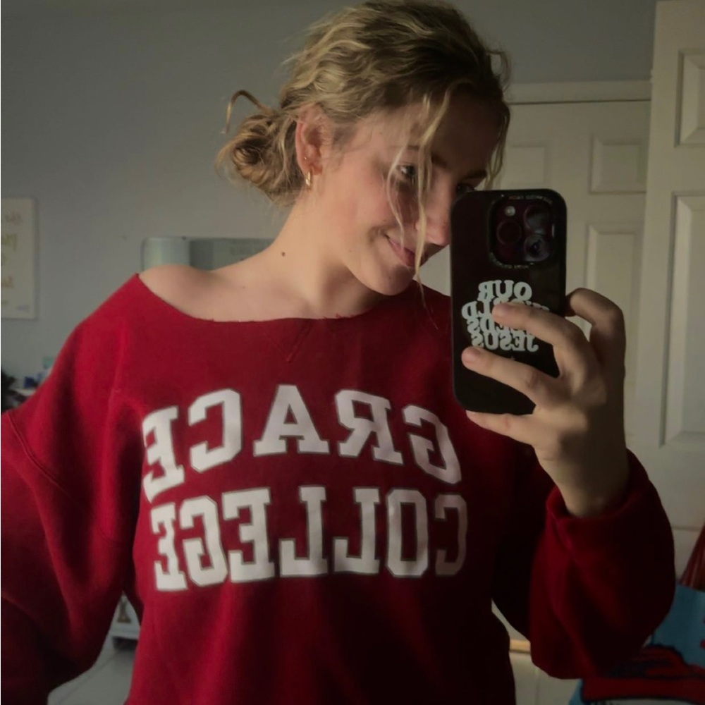 Grace College sweatshirt open neck red  Large Russel athletics
